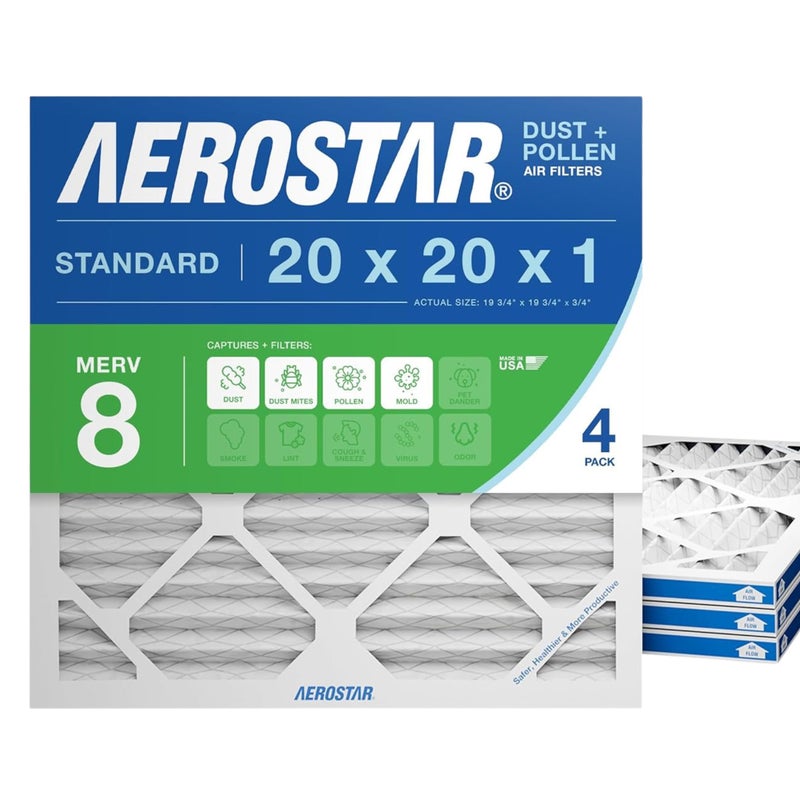 Aerostar 20x20x1 MERV 8 Air Filter, 4 Count, ACTUAL SIZE (19.75 x 19.75 x 0.75), HVAC, Air Conditioning & Furnace Filter Captures Dust, Lint & Pollen (MPR 600 / FPR 5), Made in USA - Image 1